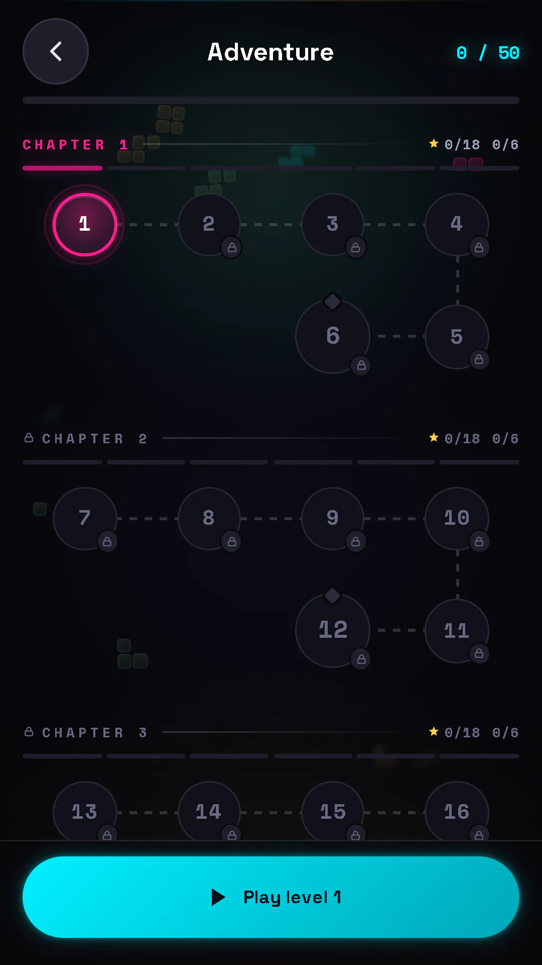BON — Block of Neon — Adventure: Handcrafted levels with objectives — clear three lines to advance.
