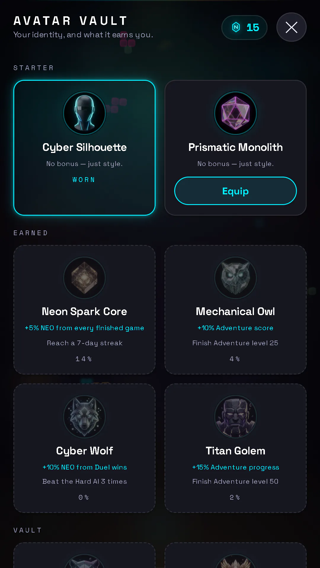 BON: Block of Neon Avatar Vault — starter and earned avatars, some with gameplay bonuses