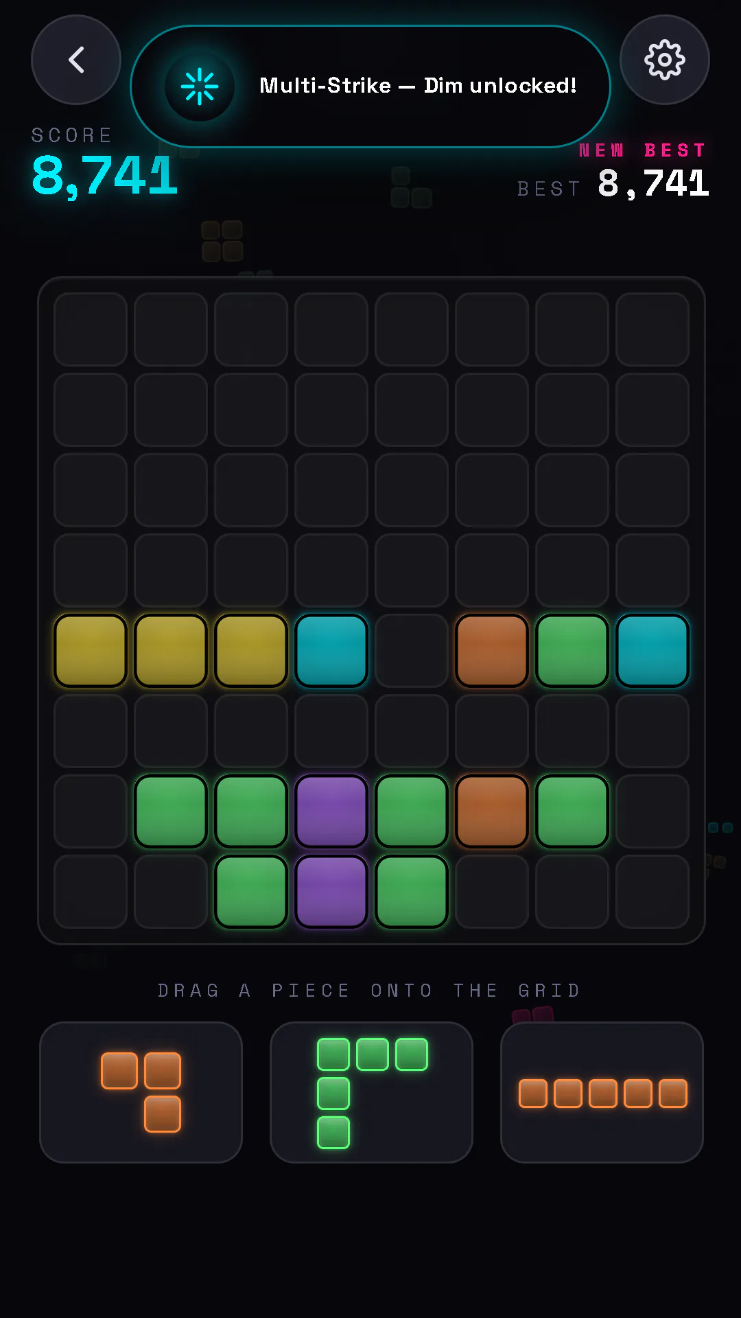 BON: Block of Neon Classic mode — an 8×8 block puzzle board of coloured neon blocks, with a new best score