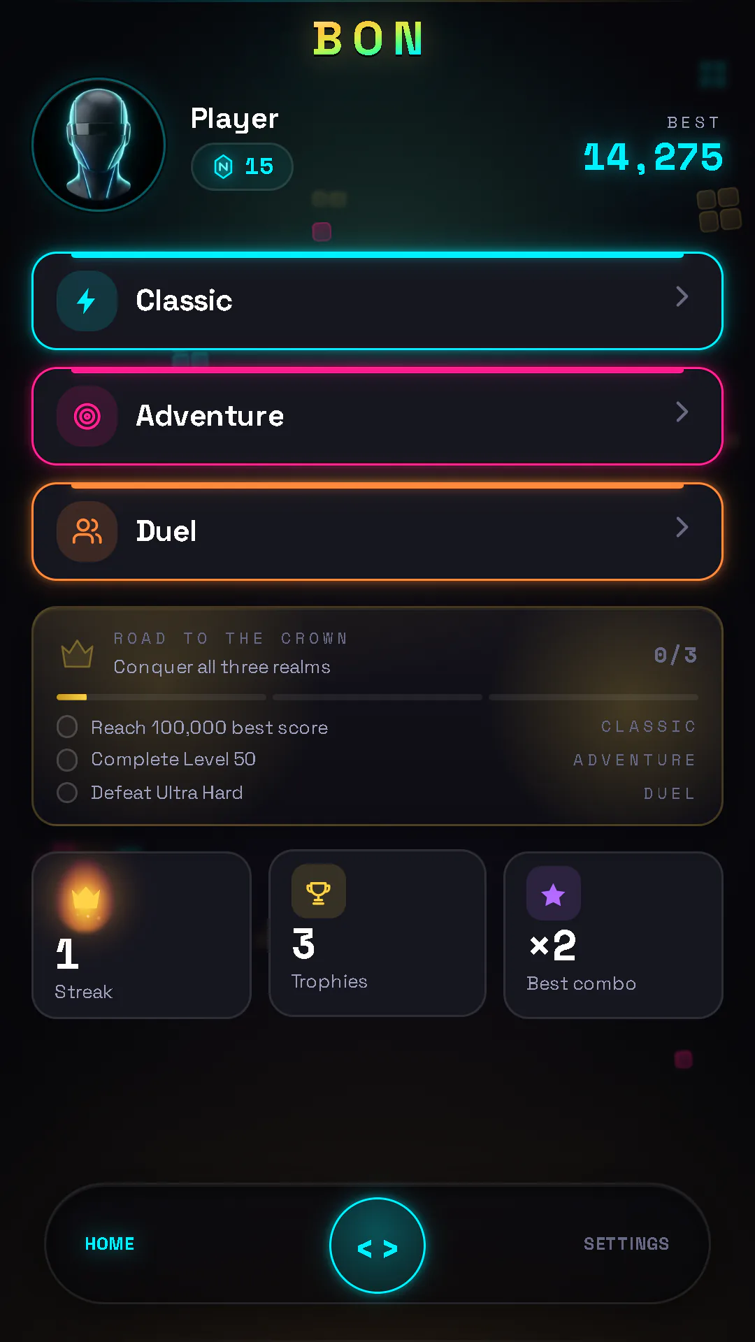 BON: Block of Neon home screen — Classic, Adventure and Duel mode buttons and the Road to the Crown challenge
