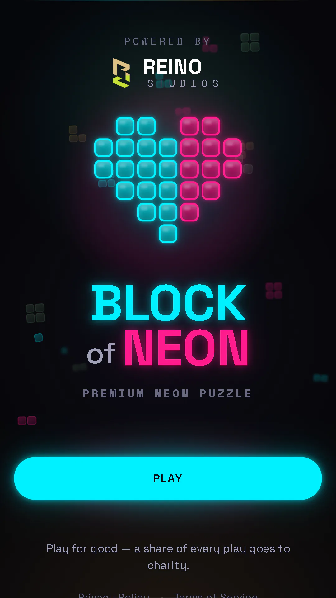 BON: Block of Neon title screen — a heart built from cyan and magenta neon blocks above the Block of Neon wordmark