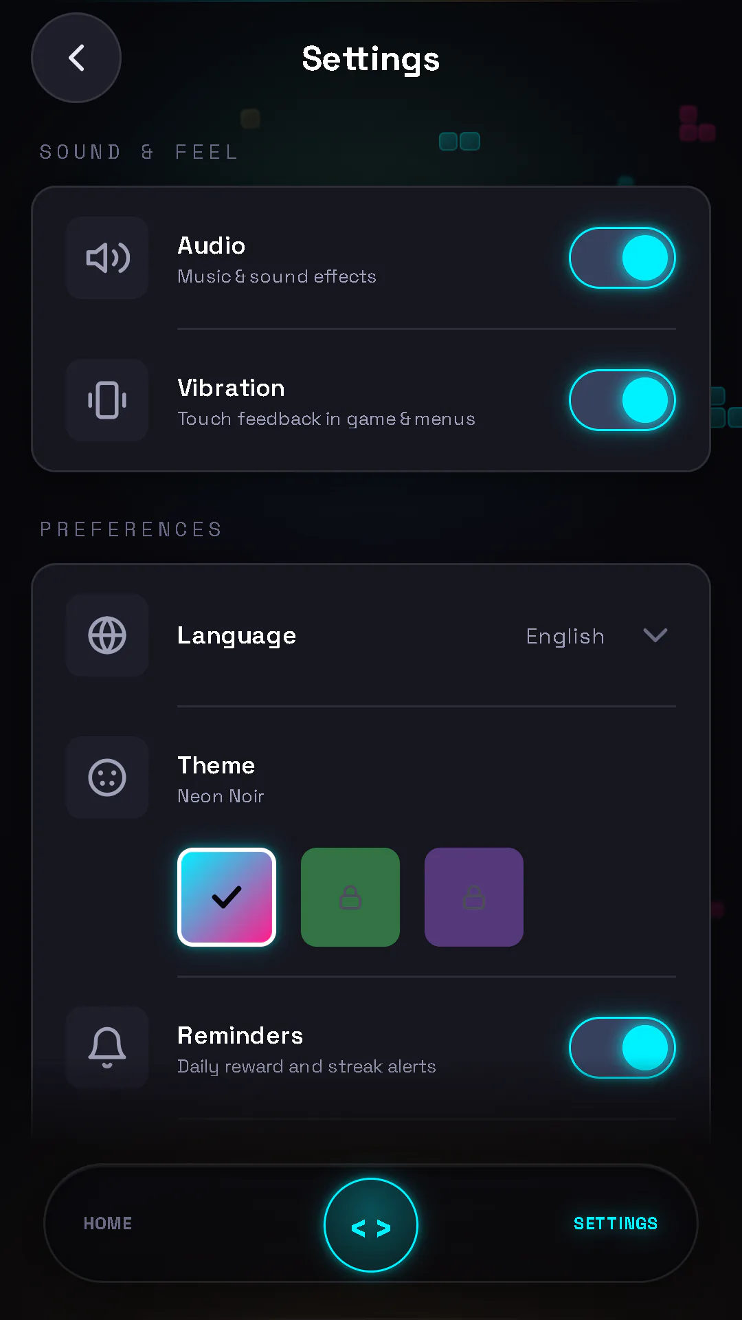 BON: Block of Neon settings — audio, vibration, language and the Neon Noir theme