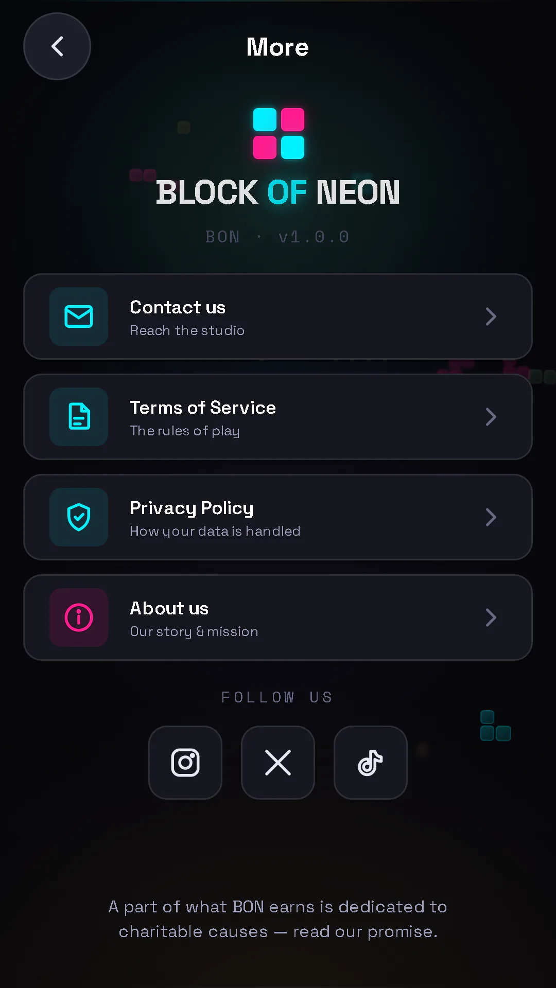 BON: Block of Neon studio screen — contact, Terms of Service, Privacy Policy and About us